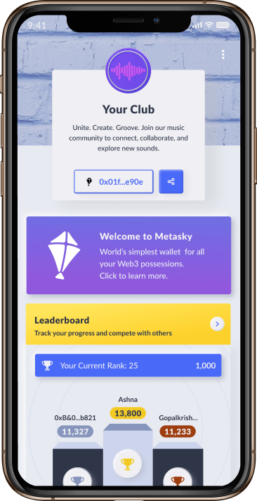 Mobile view of your studio club and leaderboard on Metasky Studio